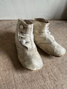 Antique Child's Leather Button Boot Shoes Warm White Color Textile - Picture 1 of 17