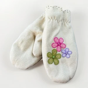 Damen Elfenbein Wolle Fäustlinge Blumenapplikation  - Bild 1 von 6