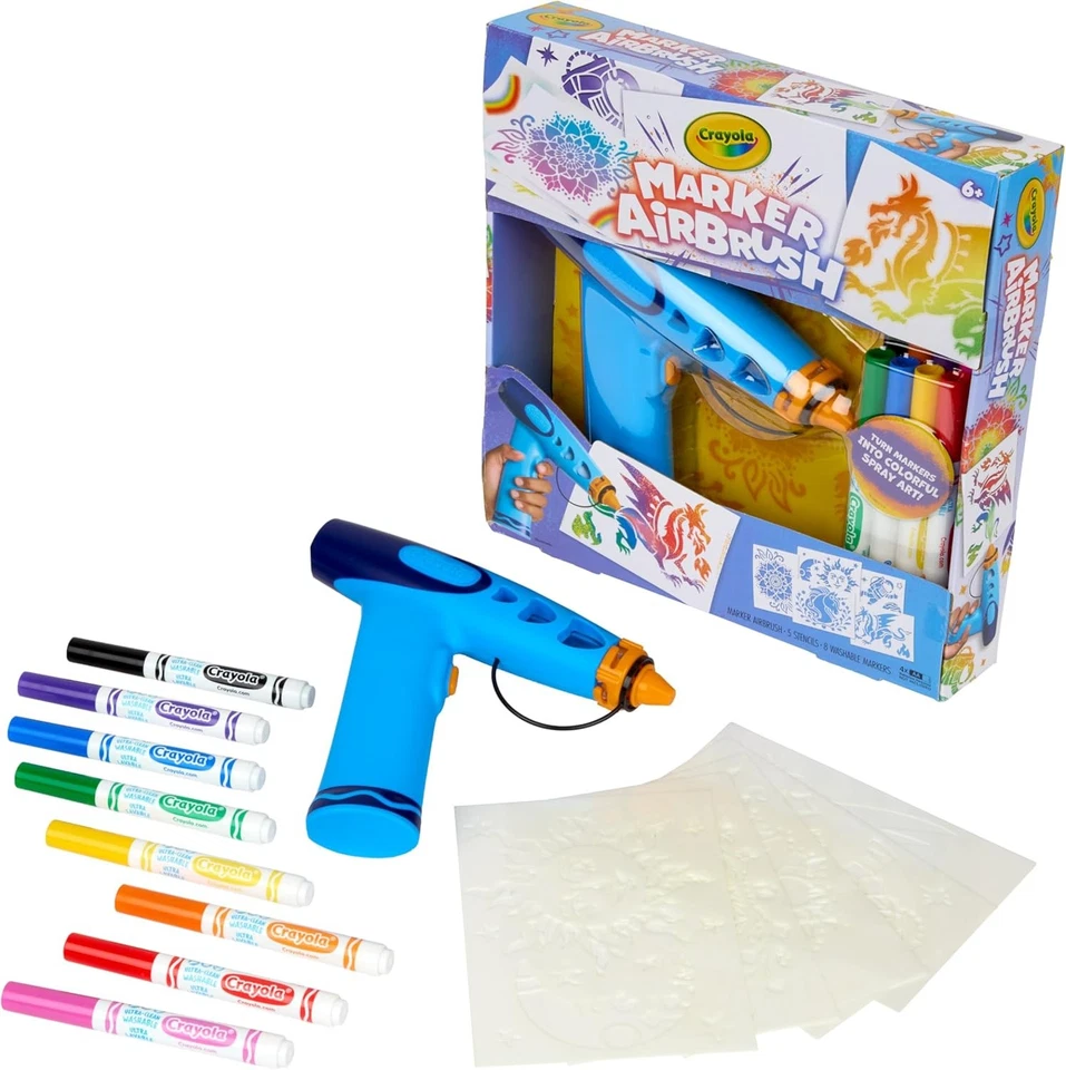 Crayola Marker Airbrush Spray Art Kit Battery-Powered Sprayer with 8 Washable M
