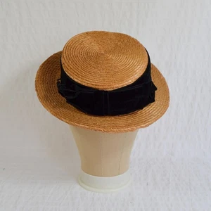 Vintage Webflex Straw Hat, Velvet Ribbon Straw Boater Women's Summer Hat - Picture 1 of 11