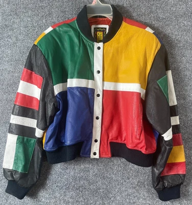 Chaqueta De Colección GIII Carl Banks Mujer XL Colorblock Cuero Colorido Años 90 Recorte Retro Foto 1 de 4
