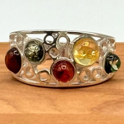 Anillo banda filigrana ámbar báltico tricolor plata esterlina 925 talla: 9 Foto 1 de 4