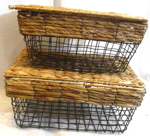 Lot of 2 Vintage Wire and Seagrass Baskets (SKU# 1528) Cover