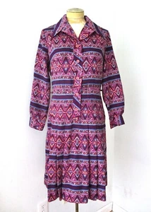 Vtg 60s 70s Pink Purple Geometric Mosaic Drop Waist Gatsby Dress Pleat Skirt M - Picture 1 of 6