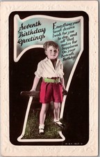 Vintage 7TH BIRTHDAY Embossed RPPC Photo Postcard Little Boy / Baseball Bat UK