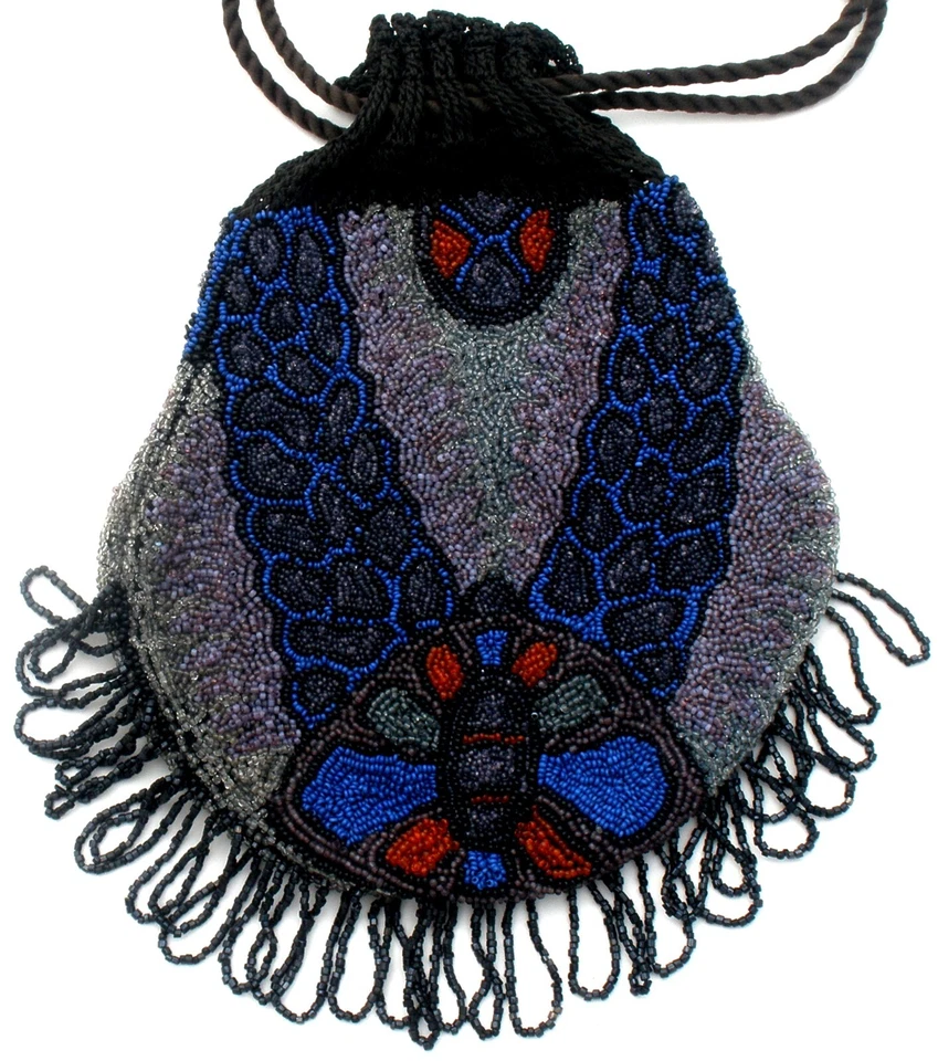 Art Nouveau Reticule Fringe Purse Drawstring Handbag Hand Beaded Bag Glass Beads - Image 1 of 4
