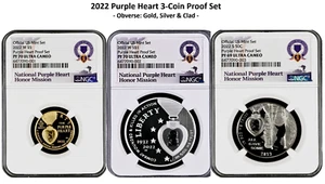 2022 PURPLE HEART HONORS COMMEMORATIVE 3-Coin NGC PROOF SET w/ MINT BOX + COA - Picture 1 of 13