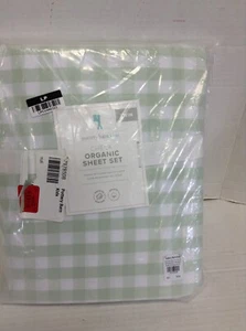 NEW Pottery Barn Kids PBK Check Organic Cotton Bedroom Bed Sheets Set Twin Green - Picture 1 of 4