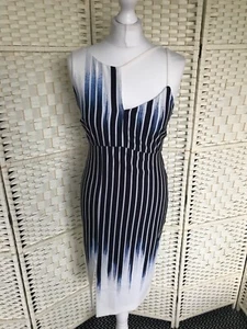 NEXT UK 12 PETITE NAVY & WHITE STRIPE STRAPPY CUT OUT BODYCON SPLIT DRESS - Picture 1 of 12