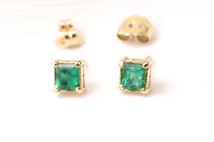 Colombian Emerald Stud Earrings 0.65 Cts 18K Yellow Gold Jewelry Muzo Mines - Picture 1 of 18