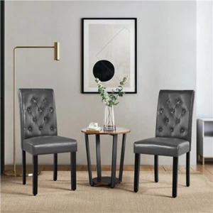 Dining Chairs Waterproof leather surface and Rubber Wood Legs, Set of 2, Gray - Picture 1 of 33