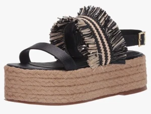 Kaanas Black Tahiti Frayed Boho Raffia Wedge Sandal Women Sz 7 NWOB - Picture 1 of 6