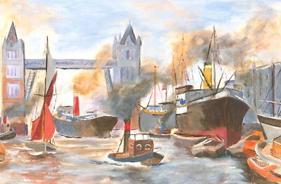 Kennedy - Contemporary Gouache, Tug Boats at Tower Bridge - Image 1 of 3