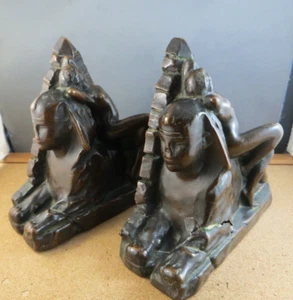 Pair of 1920's Marion Egyptian Revival Sphinx Pyramid Nude Woman Bronze Bookends - Picture 1 of 24