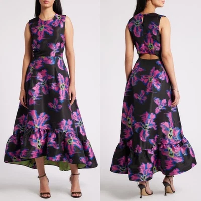 NUEVO VESTIDO CHELSEA28 Negro FLORAL Jacquard Volantes Dobladillo Línea A HI-LO Foto 1 de 4
