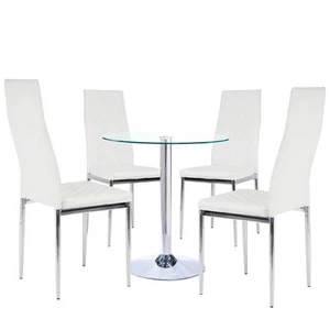 Round Dining Table Tempered Glass Top Silver Metal Base Coffee Desk Chair Set UK - Picture 1 of 14