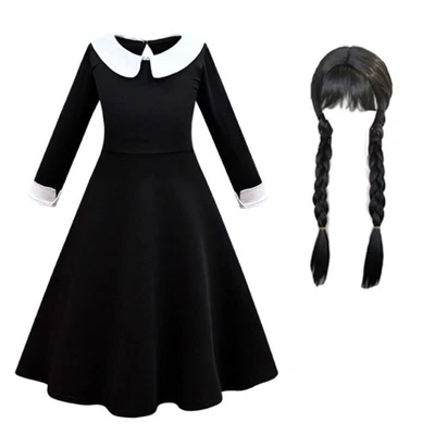Kids Wednesday Addams Family Costume Girls Black Fancy Dress Wig Party Cosplay. - Image 1 of 4
