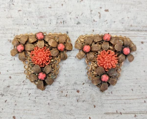 Antique Pair Brass Filigree Molded Celluloid Faux Coral Flower Dress Scarf Clips - Picture 1 of 8