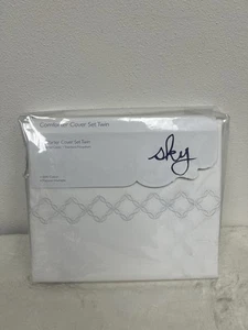 Sky Embroidered Percale Collection Twin Duvet Cover & 2 Sham Set White New - Picture 1 of 2