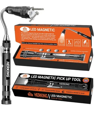 HERKING Magnetic Pickup Tool with 3 LED Lights Telescoping Magnetic Flashlight
