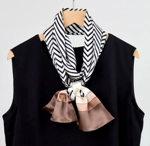 100% Silk Mulberry Shawl Neckerchief Bandanna Black stripe Print Scarf 150X16cm - Picture 1 of 8