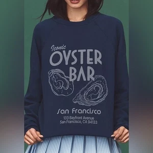 Anthro X Retrobrand Oyster Bar Blue Terry Graphic Sweatshirt Small Preppy - Picture 1 of 6
