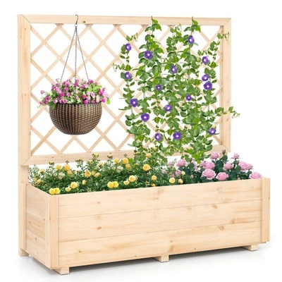 Cama de jardín elevada de madera de 40" de alto con enrejado de celosía para escalar flores de vid Foto 1 de 4