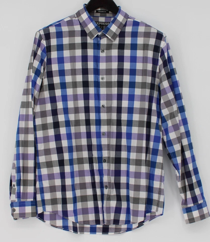 Express Shirt Mens Large Blue Purple Plaid Modern Fit Long Sleeve Button Front - Image 1 of 4