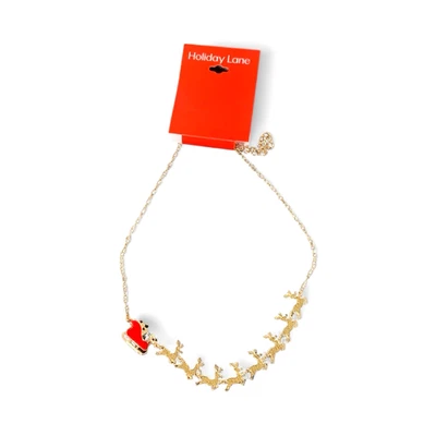 Holiday Lane Gold-Tone Crystal Christmas Sleigh & Reindeer Necklace 18" + 3" Ext - Image 1 of 3