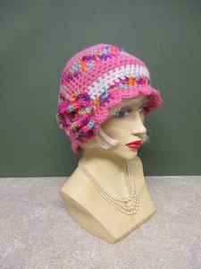MULTI COLOUR PINK  CROCHET HAT WITH A VINTAGE LOOK - Picture 1 of 5