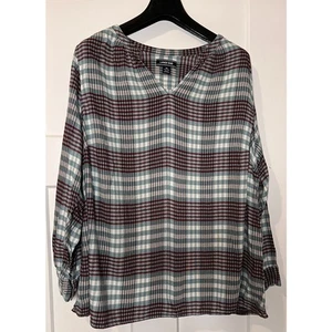 Camisa Popover Lands' End Plisada Cuello Mandarín Franela Rojo Blanco Azul 1X - Imagen 1 de 10