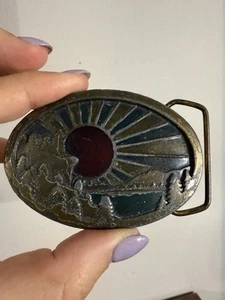 Vintage 1977 Indiana Metal Craft Sunshine And Trees Brass Belt Buckle - Picture 1 of 3
