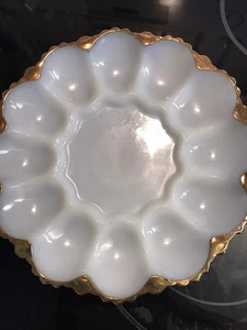 Vintage Anchor Hocking Milchglas Teufel Eierteller Schale Goldrand 3494 - Bild 1 von 6