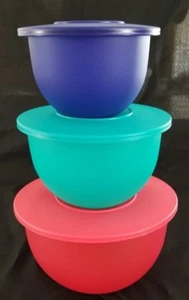 NEW Tupperware Impressions Bowl 3 pc Set Red Teal Green Indigo Blue with Seals - Picture 1 of 2