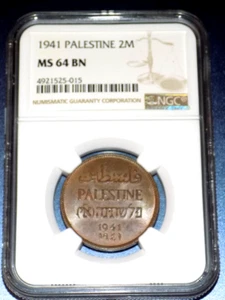 PALESTINE 2 MILS 1941 NGC MS 64 BN 2M British WWII Era Admin Certified Coin - Picture 1 of 4