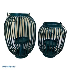Two Beehive Birdcage Style Green Indian Metal Hanging Candle Luminary Lanterns