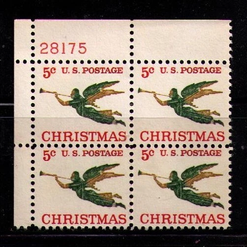 US USA Sc# 1276 MNH FVF PLATE # BLOCK Christmas Angel Horn Wings Untagged - Image 1 of 1