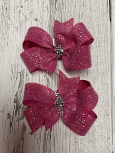 Hot Pink Glitter Pigtails Boutique Hair Bows Little Girl Shimmer Silver Trim - Picture 1 of 3