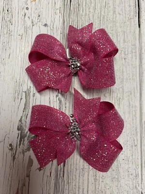 Hot Pink Glitter Pigtails Boutique Hair Bows Little Girl Shimmer Silver Trim - Image 1 of 3