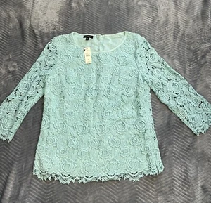 Talbots Shirt 0P 0 Petite NWT Crochet Lace 3/4 Sleeve Blouse Light Blue - Picture 1 of 9