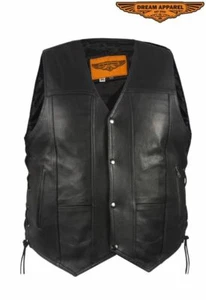 Men's Motorcycle Plain Leather Vest Front Snap-Up Multiple Pockets w/ Side Laces - Picture 1 of 5