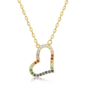 Sterling Silver Gold Plated Rainbow CZ Sideways Heart Necklace - Picture 1 of 1