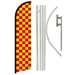 Red & Yellow Windless Full Curve Advertising Checkered Banner Flag & Pole Kit - Picture 1 of 9