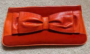 Isabella Fiore Orange Suede Clutch with Large Leather Bow Tie and Trim  - Picture 1 of 5