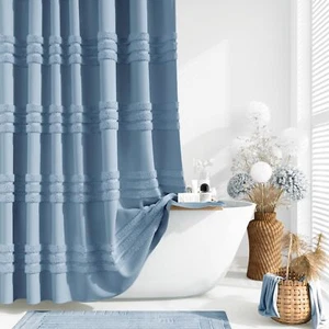 Moonlight Blue Tufted Chenille Striped Shower Curtain 72x72 Waterproof - Picture 1 of 7