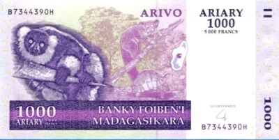 1000 Ariary Circulated Banknote. Single 1000 Ariary 2004. Madagascar 1000 Ariary - Image 1 of 2
