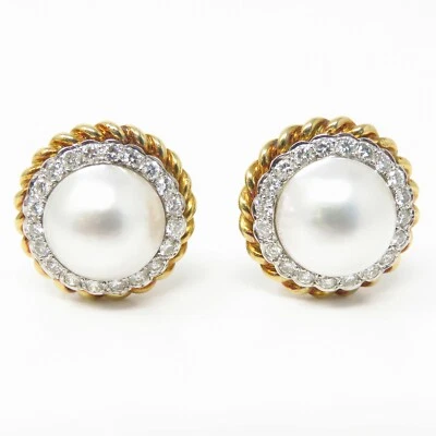 NYJEWEL Tiffany & Co 18k Gold 13mm Mabe Pearl 1.4ct Diamond Clip On Earrings - Image 1 of 4