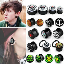 Pair Logo Double Flared Saddle Screw-On Ear Plugs Gauges Skull Owl Wolf Rose Us