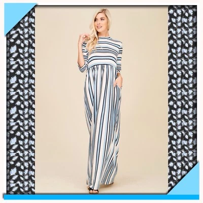 Maxi Vestido Para Mujer S Azul Negro Blanco Rayas Cuello Simulado Cintura Imperio Nuevo con Etiquetas Foto 1 de 4