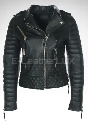 Chaqueta de motociclista de cuero real negra ajustada para mujer Foto 1 de 4